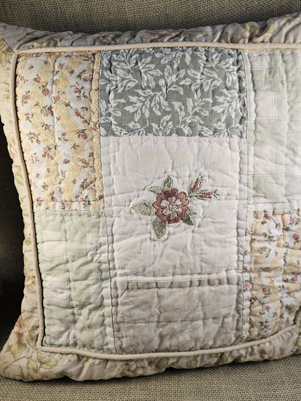 Quilted Patchwork Decorative Pillow Floral Embroidery Cream and Sage Cottagecore